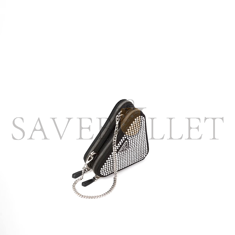 Pra*a triangular embellished satin and leather mini-pouch 1nr015 (15*15*10cm)